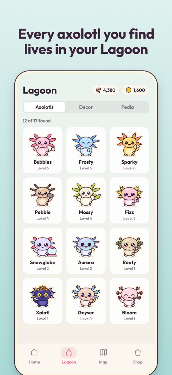 The Lagoon collection with twelve of seventeen axolotls found